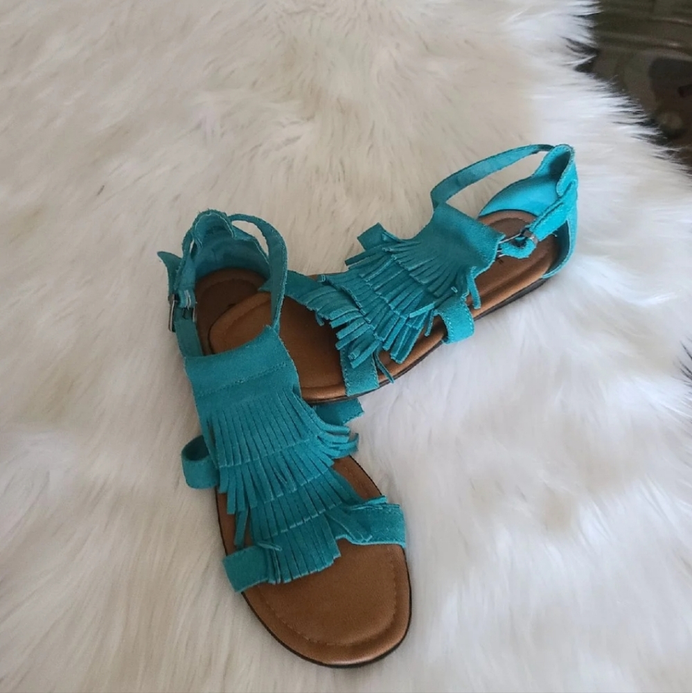 Minnetonka Teal Fringe Gladiator Sandals